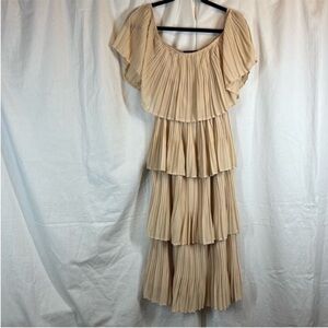 Just Me Pleated Tiered Ruffle off shoulder midi dress Beige